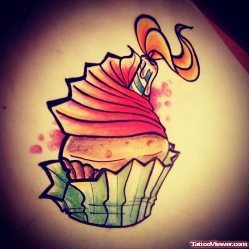 Cup Cake With Flaming Candle Tattoo