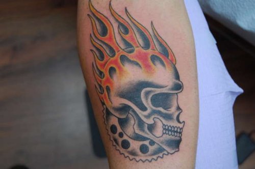 Skull Fire Flame Tattoo On Arm