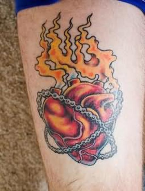 Fire and Flame Heart Tattoo On Leg