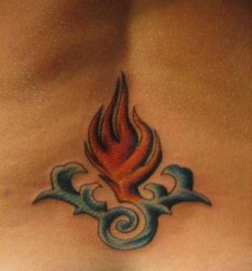 Blue And Red Ink Fire n Flame Tattoo On Collarbone