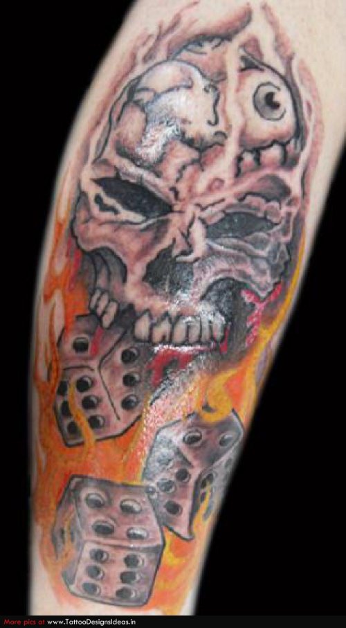 Grey Ink Skull And Flaming Dice Tattoo On Sleeve