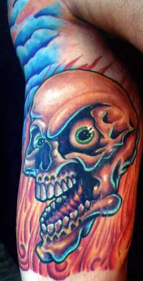 Fire and Flame Skull Tattoo On Bicep