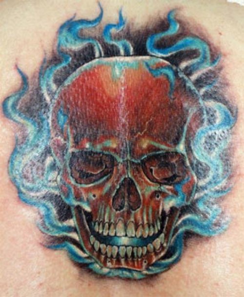 Skull With Blue Flames Tatttoo