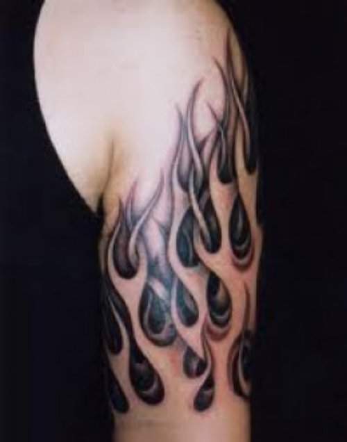 Awesome Grey Ink Fire n Flame Tattoo On Half Sleeve