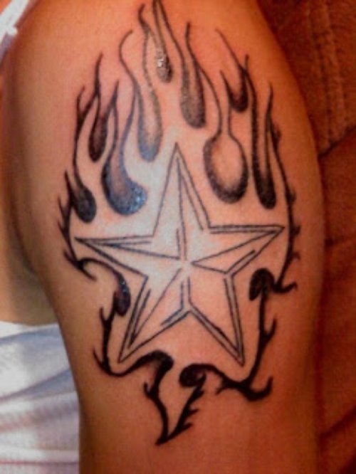 Flaming Star Fire n Flame Tattoo On Shoulder