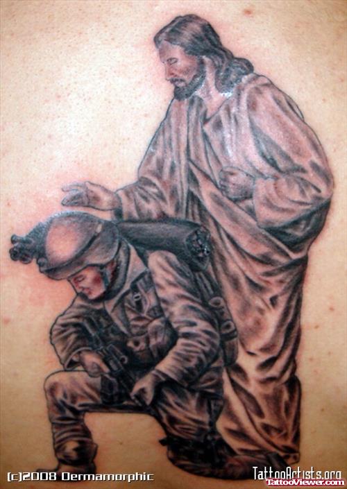 Grey Ink Jesus And Firefighter Tattoo
