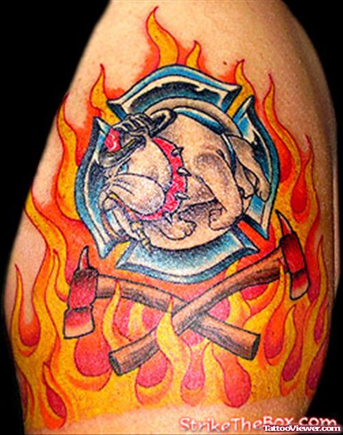 Flaming Firefighter Tattoo On Left Shoulder