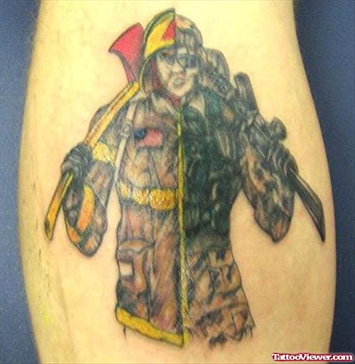Fine Grey Ink Firefighter Tattoo