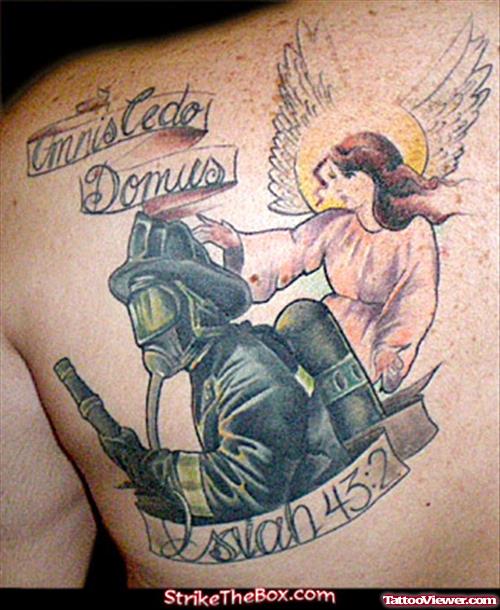 Left Back Shoulder Angel And Firefighter Tattoo