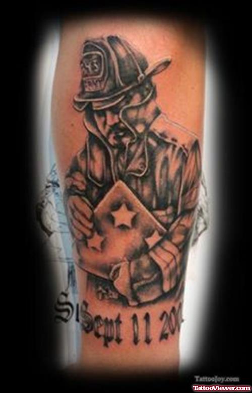 Grey Ink Memorial Firefighter Tattoo
