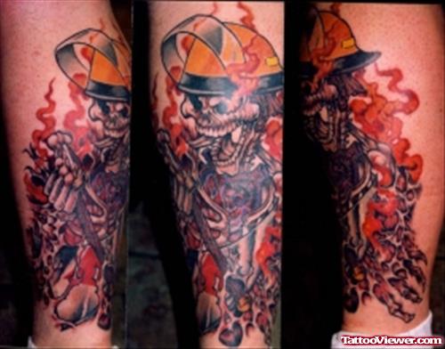 Color Firefighter Tattoo On Leg