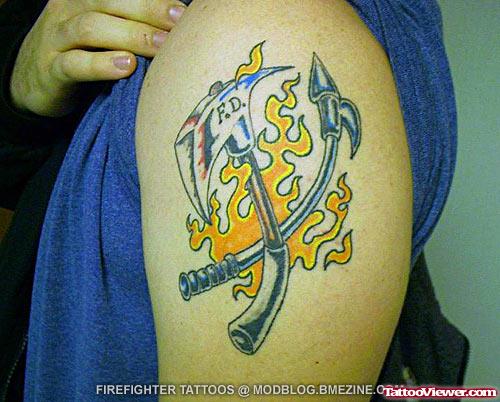 Awesome Flaming Firehighter Tattoo On Left Shoulder