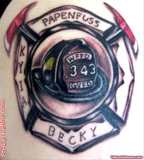 Attractive Grey Ink Firefighter Tattoo On Right SHoulder