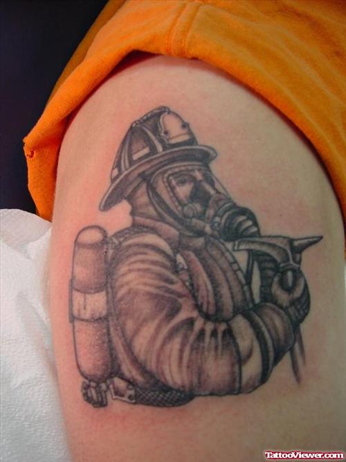 Impressive Grey Ink Firefighter Tattoo On Right SHoulder
