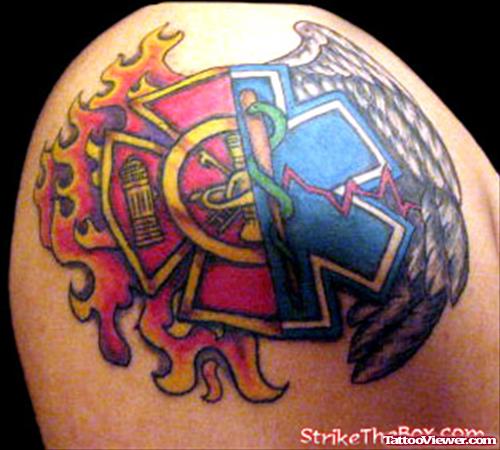 Flaming Firefighter Tattoo On Shoulder