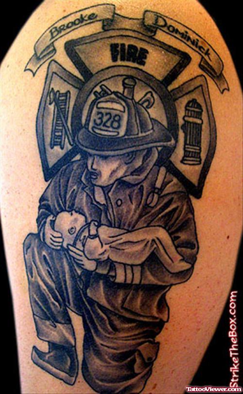 Impressive Grey Ink Firefighter Tattoo On Left Half Sleeve