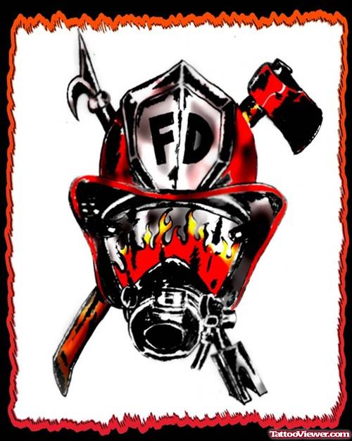 Firefighter Mask With Tools Tattoo Design