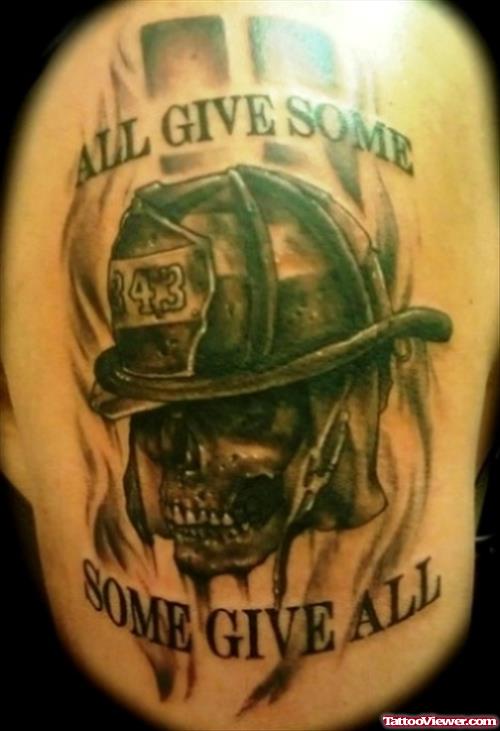 Cross And Firefighter Skull Tattoo On Shoulder