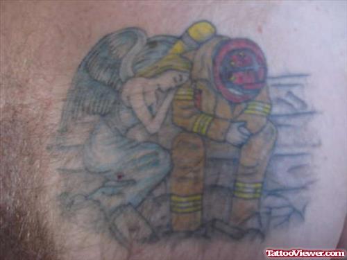 Colored Firehighter Tattoo On Man Chest