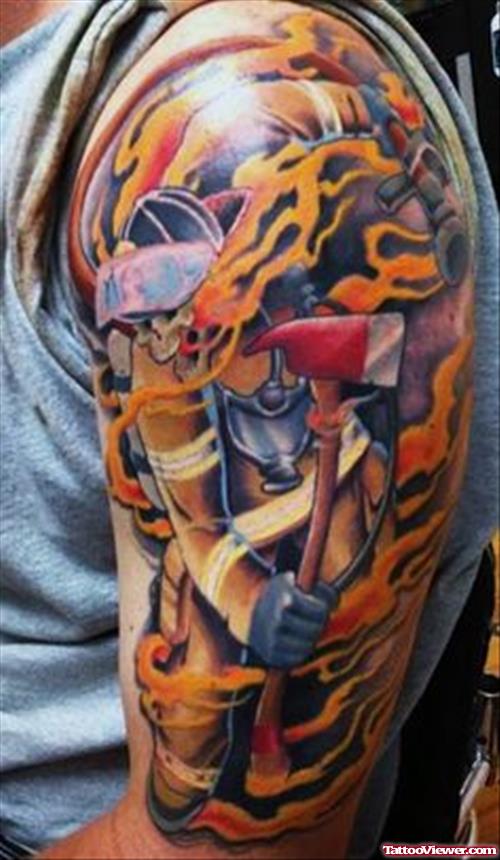 Awesome Left Half Sleeve Firefighter Tattoo