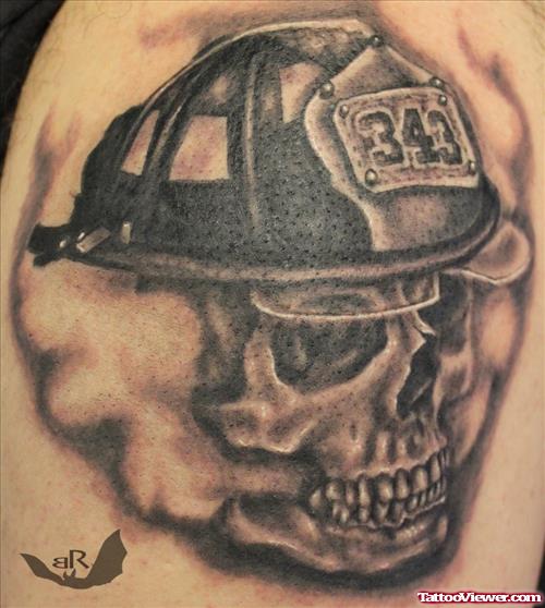 Amazing Grey Ink Firefighter Skull Tattoo On Shoulder