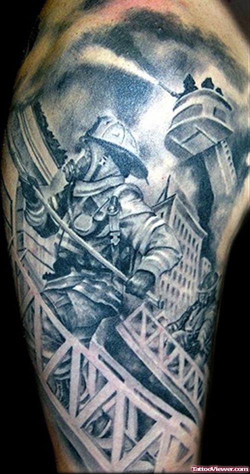Latest Grey Ink Firefighter Tattoo On Half Sleeve