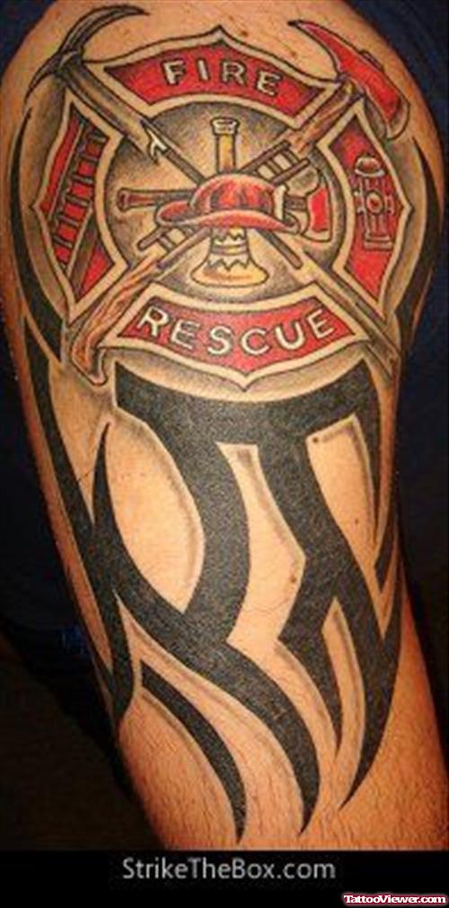 Tribal And Firefighter Tattoo On Right Shoulder