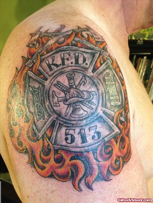 Flaming Firehighter Logo Tattoo On Right Shoulder