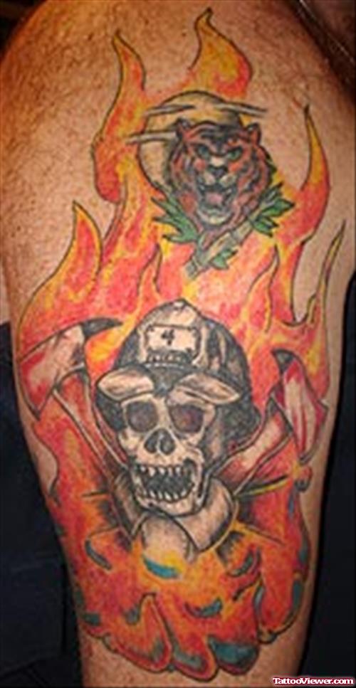 Flaming Firefighter Tattoo On Right Sleeve