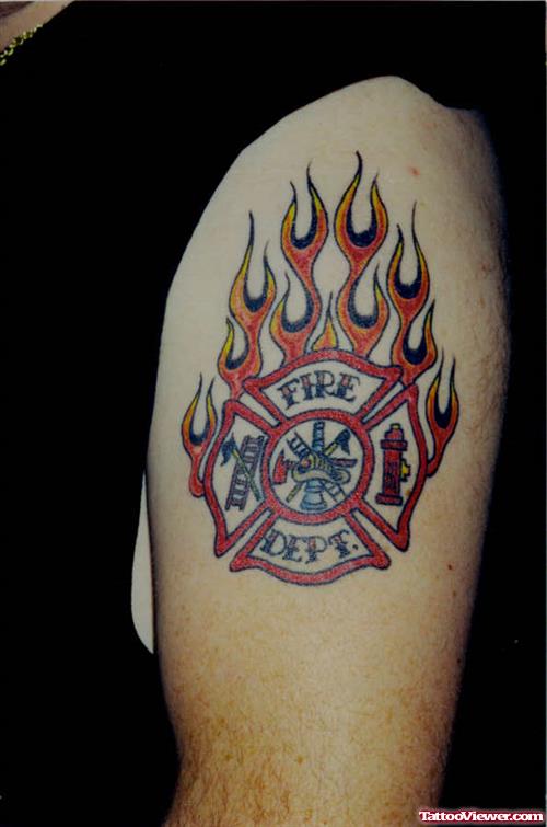 Flaming Firefighter Tattoo On Left Half Sleeve