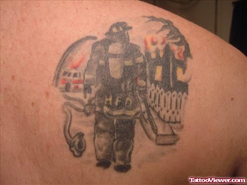 Cool Firefighter Tattoo On Right Back Shoulder