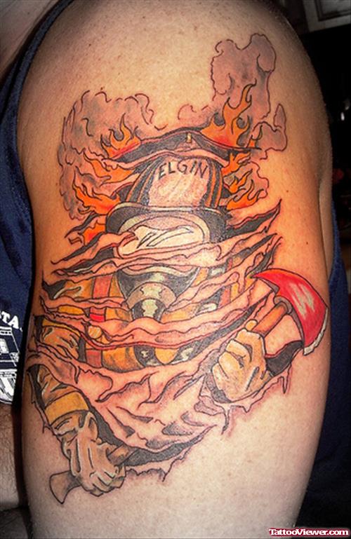 Awesome Colored Firefighter Tattoo On Half Sleeve For Men
