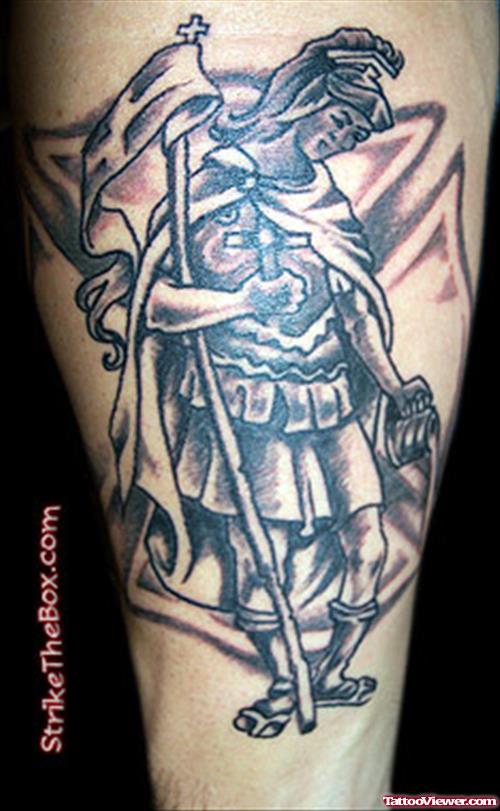 Grey Ink Firefighter Tattoo On Arm
