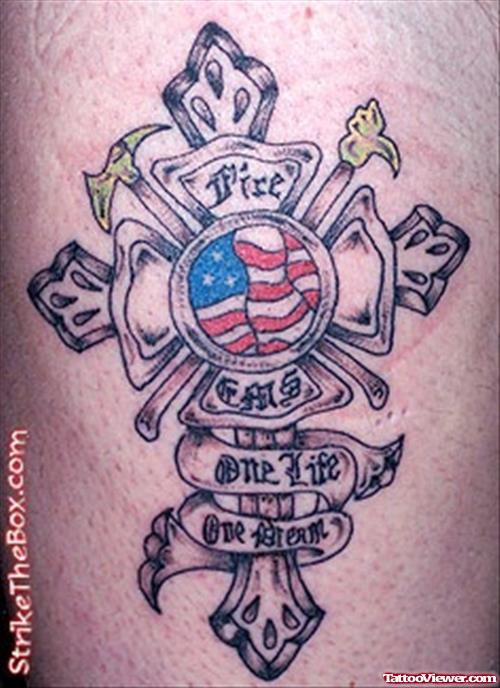 Grey Ink Cross And Firefighter Tattoo