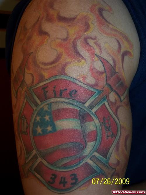 Firefighter Tattoo On Half Sleeve