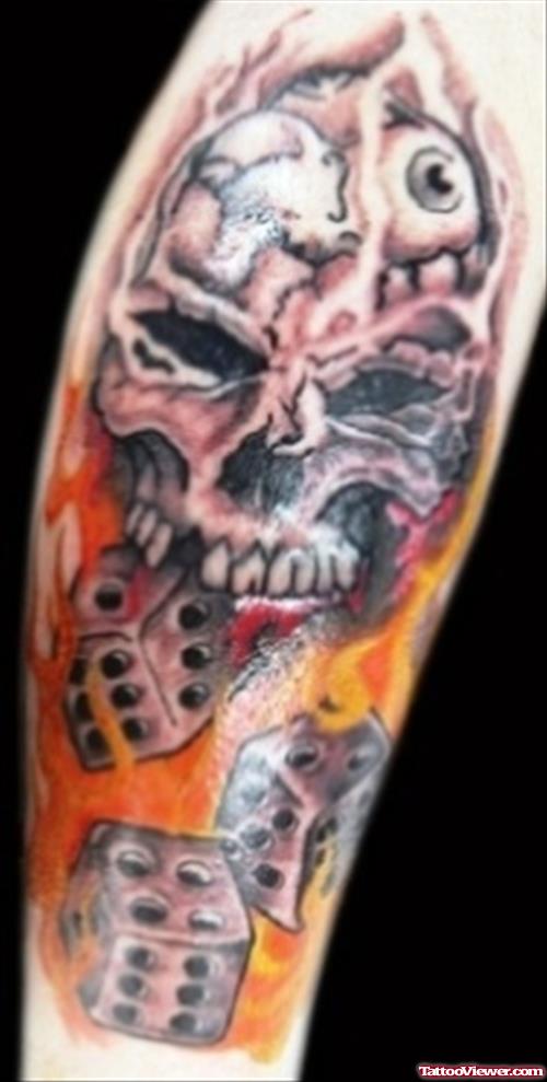 Dices And Grey Ink Flaming Skull Tattoo On Sleeve