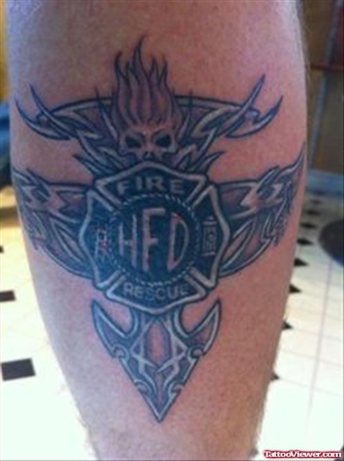 Celtic Firefighter Tattoo On Back Leg