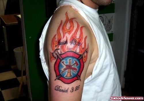 Memorial Firefighter Tattoo On Right Shoulder