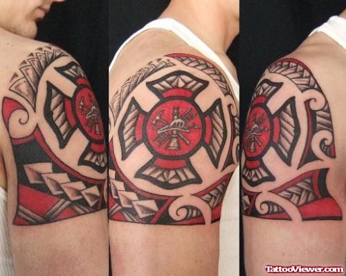 Maori And Firefighter Tattoo On Shoulder