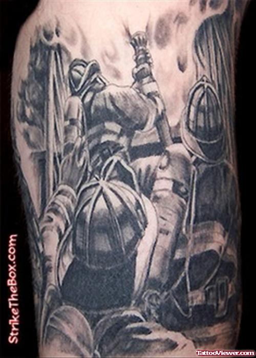 Grey Ink Firefighter Tattoo On Rib Side