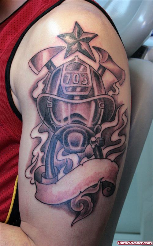 Grey Ink Firefighter Tattoo On Left Half Sleeve