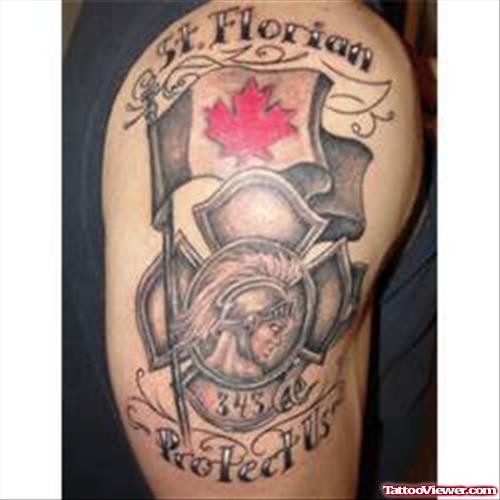 Grey Ink Firefighter Tattoo On Half Sleeve