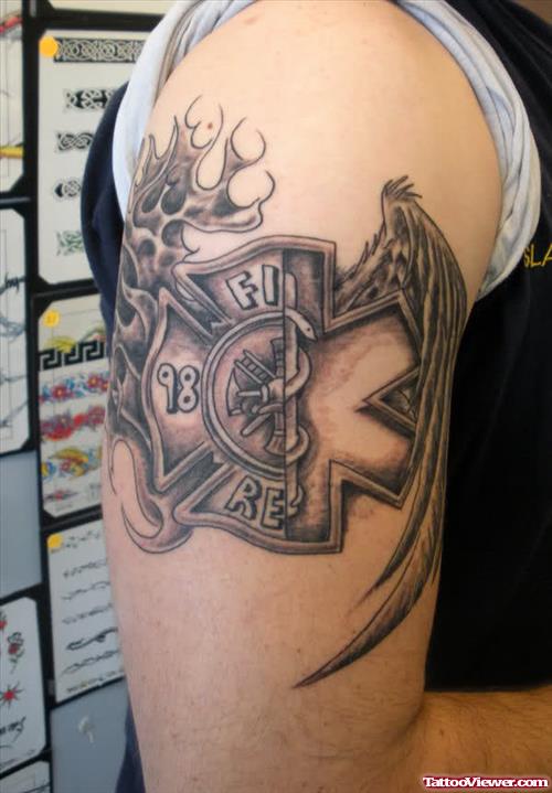 Crazy Grey Ink Firefighter Tattoo On Half Sleeve