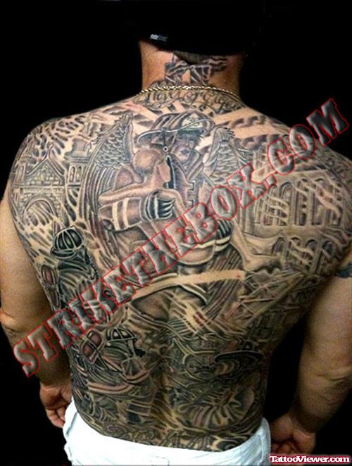 Grey Ink Firefighter Tattoo On Back Body