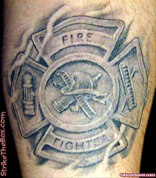 Grey Ink 3D Firefighter Tattoo