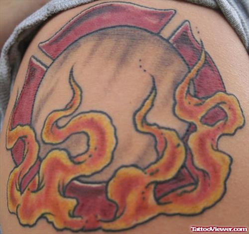 Flaming Firehighter Logo Tattoo On Shoulder