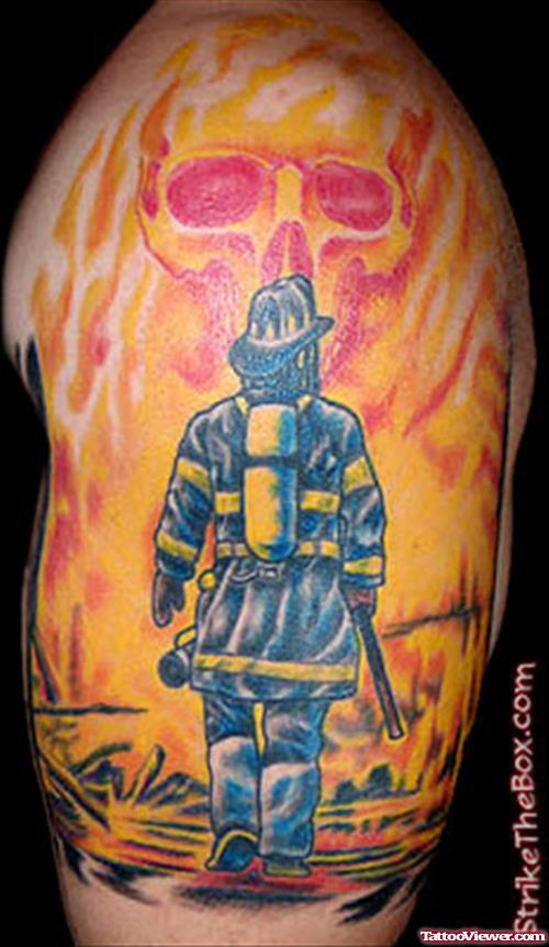 Cute Left Half Sleeve Firefighter Tattoo