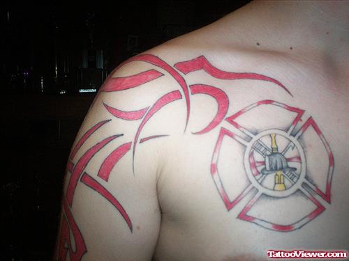 Tribal Firefighter Tattoo On Upper SHoulder