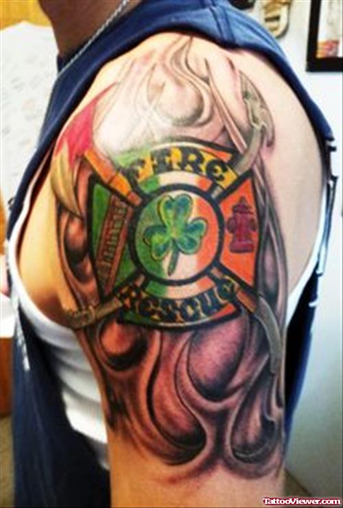 Great Left Half Sleeve Firefighter Tattoo