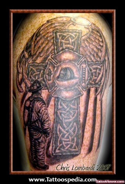Celtic Cross And Firefighter Tattoo On Half Sleeve